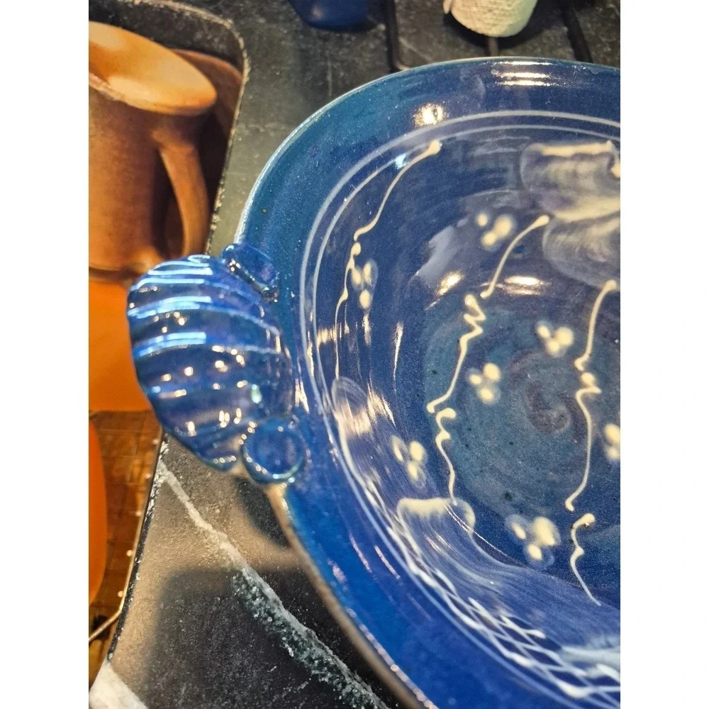 I.B. Remsen Art Pottery Blue Serving Bowl Shell Handles Studio Ceramic Coastal